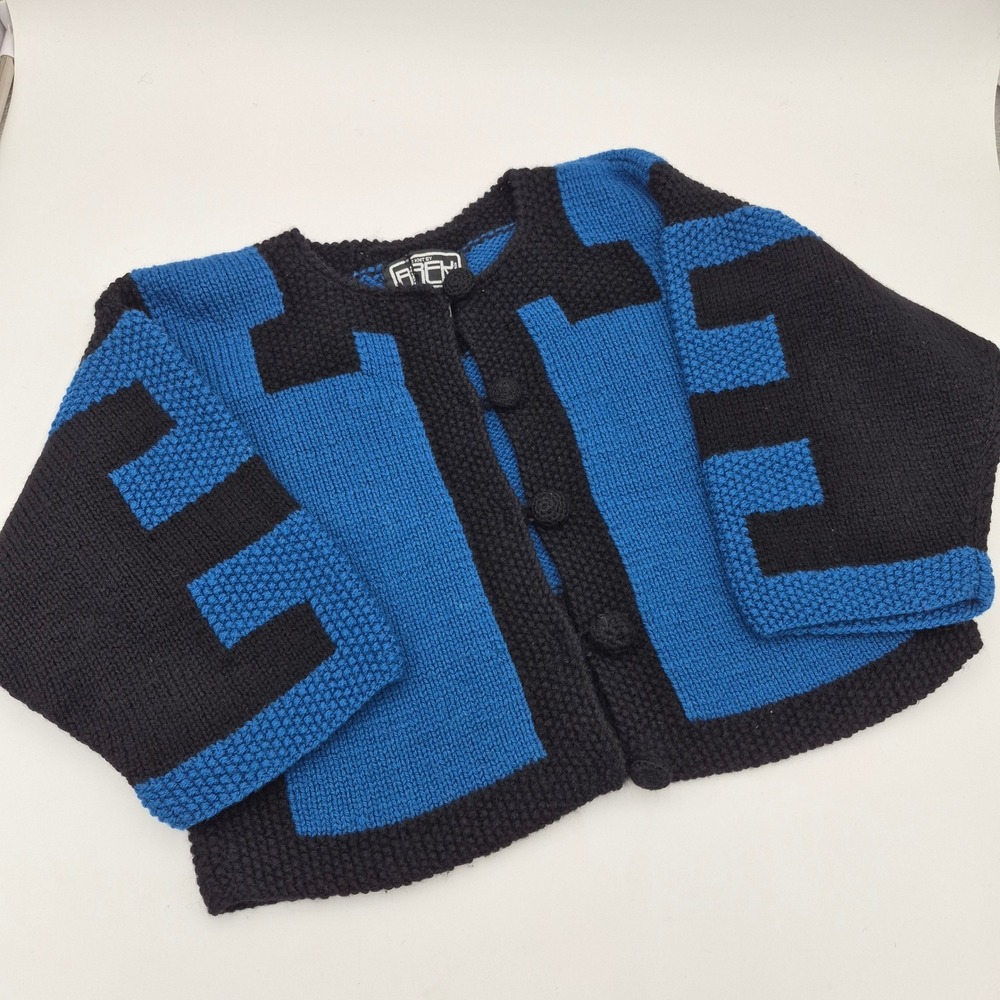 Vintage Breck New York Hand Knit Wool Cardigan Blue Black Geometric Sweater S